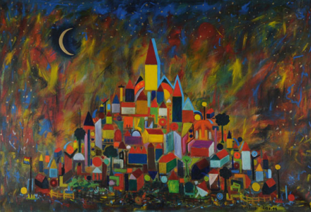 Peter Kunkel - Die Stadt am Berg (1989, Öl und Acryl auf Leinwand, 170x100cm)