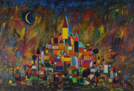 Peter Kunkel - Die Stadt am Berg (1989, Öl und Acryl auf Leinwand, 170x100cm)